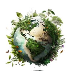 the earth is surrounded by trees and plants, with butterflies flying around it on a white background