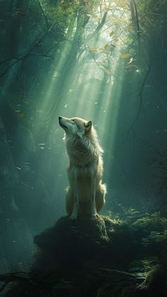 a wolf sitting on top of a rock in the middle of a forest with sunbeams