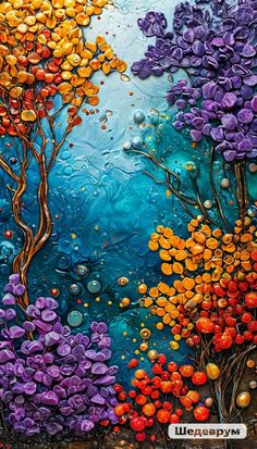 an abstract painting with colorful flowers and water drops on the surface, as well as trees