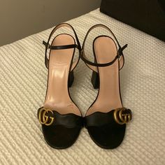 Gucci Marmont Heels Sandals. Black With Gold Gg. Block Heel. 100% Authentic. Luxury Gucci Sandals With Heel Strap, Gucci Open Heel Sandals With Buckle Closure, Gucci Ankle Strap Sandals With Buckle, Gucci Ankle Strap Sandals With Buckle Closure, Gucci Block Heel Shoes With Buckle Closure, Gucci Formal Block Heel Sandals, Gucci Sandals With Buckle And Block Heel, Gucci Block Heel Evening Sandals, Gucci Evening Sandals With Block Heel