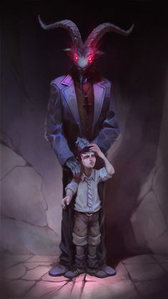 a man standing next to a little boy in front of a demon