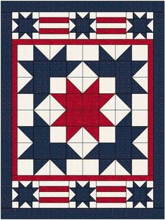 a red, white and blue quilt with an american flag design on the center piece