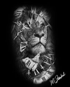 a black and white photo of a lion with roman numerals on its face