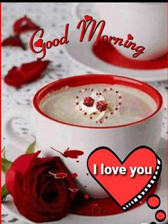 good morning i love you card with red roses and coffee cup on white tablecloth