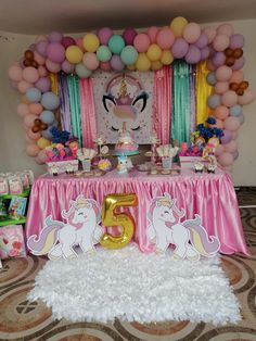 a unicorn themed birthday party with balloons and decorations