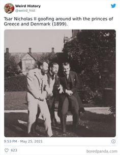 an old photo of three men in suits sitting on a bench with the caption warhols looking around with the prices of greece and denmark 1897