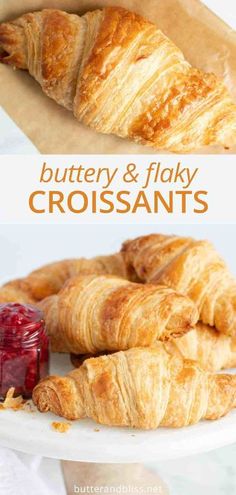 croissants on a white plate with butter and jelly