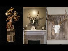 there are two pictures with deer heads on the wall and one has a fireplace mantel