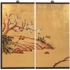 two paintings with flowers and animals on them, one is painted in gold leafy colors