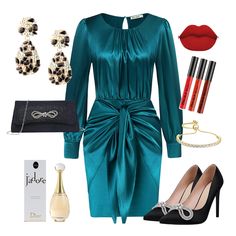 a woman's outfit with accessories including shoes, necklaces and lipstick