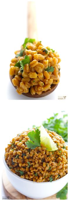 three different pictures of food in bowls on top of each other, including rice and cilantro