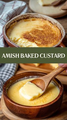 two bowls filled with baked custard on top of a wooden table