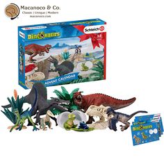 the dinosaurs are playing with each other in the box and on the ground, including an adult