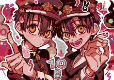 two anime characters wearing hats and pointing at the camera with their fingers in front of them