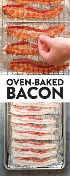 bacon is being cooked in an oven with the words oven - baked bacon on it