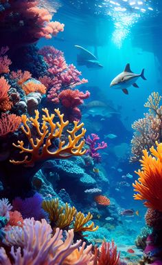 an underwater scene with corals and sharks in the water, including sea fancies