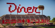 a large red sign that says diner on top of a building