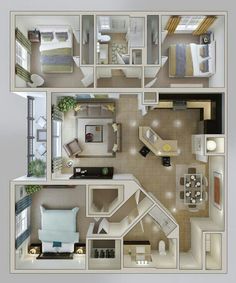 an overhead view of a bedroom, living room and dining area in a house plan