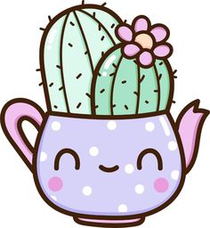 a cactus in a cup with a flower on it's head and eyes closed