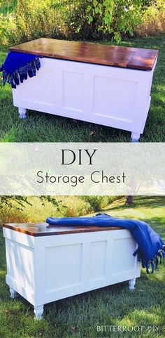 the diy storage chest is made from an old trunk and has been painted white with blue