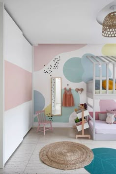 a child's bedroom decorated in pastel colors