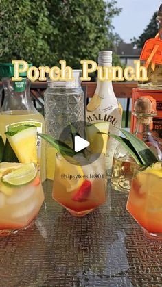 several different types of drinks on a table with the words porch punch in front of them