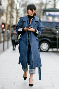 Winter Denim Outfits, Jean Trench Coat, Moda Denim