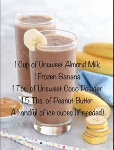 two glasses filled with chocolate milk and banana slices