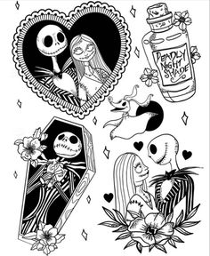 the skeleton couple tattoo design is shown in black and white