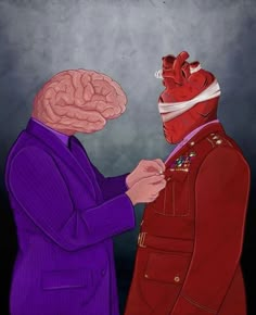 a painting of two men in suits touching hands with one man's brain visible