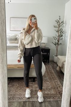 kelseykooima on LTK Outfit Ideas With Joggers Casual, Comfortable Traveling Outfits, Legging Joggers Outfit, Put Together Athletic Outfits, Lululemon Teacher Outfit, Neutral Athletic Outfits, Cute Winter Workout Outfits, Workout Outfits For Moms, Lulu Lemon Mom Aesthetic