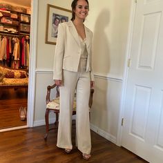 Beautiful Silk Fabric, Italian Designer Blunauta, Size 10 Jacket, And Size 12 Pants Which Flow And Drape Perfectly. Both Run Small, Fit More Like A Size 4- 6. Silk Pant Suit, Silk Pant, Beige Silk, Pant Suit, Italian Designer, Italian Design, Silk Fabric, Pant Jumpsuit, Size 12