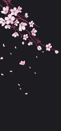 a branch with pink flowers on it is in the dark sky, and falling petals are all around