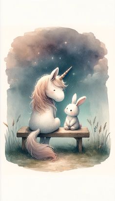 an illustration of a unicorn and a rabbit sitting on a bench