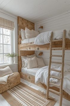 a bedroom with bunk beds and pillows on the floor, next to a rug in front of a window