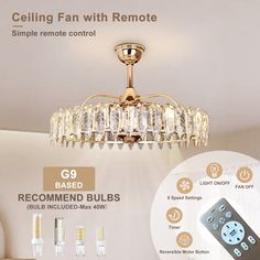 the ceiling fan with remote control is shown in this image, and features several different types of lights