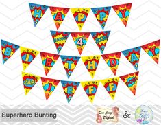 superhero bunting banner with the words happy birthday and an image of supermans on it