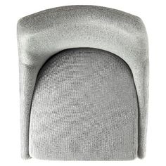 an upholstered chair with a rounded back and seat cushion in grey fabric, viewed from above