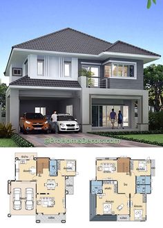 two story house plan with three car garages in the front and one bedroom on the back