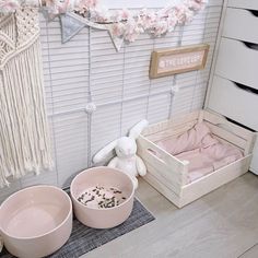 three pink bowls are on the floor next to a teddy bear and other items in boxes