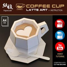 an origami coffee cup with a heart cut out of the top and inside