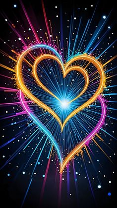 a colorful heart with fireworks in the background