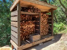 a wooden structure with stacks of logs in it