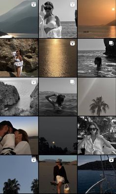 many different pictures are shown in black and white, including people on the beach at sunset