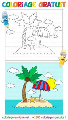 a coloring page with an image of a beach umbrella and palm tree in the ocean