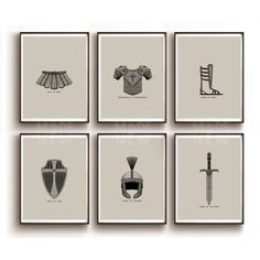 four framed pictures with different items on them