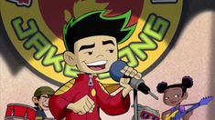 an animated image of a boy singing into a microphone with other children in the background