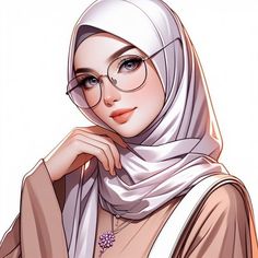 a woman wearing glasses and a hijab is posing for the camera with her hand on her chin