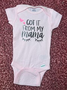 Onesies are made with vinyl, they tend to run small so we recommend sizing up if you can't decide.  Baby girl onsie, baby girl body suit, got it from my mama body suit. New baby gift, girl gift, baby gift, baby clothes, cute onsie ideas Cute Short Sleeve Onesie For Gender Reveal, Cute Birthday Bodysuit With Name Print, Personalized Fitted Onesie For Birthday, Cute Bodysuit With Name Print For Birthday, Funny Short Sleeve Bodysuit For Birthday, Cute Cotton Onesie With Custom Print, Cotton Cute Onesie For Birthday, Cute Cotton Onesie For Birthday, Funny Customizable Fitted Onesie