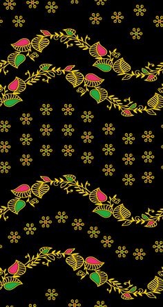 a black background with gold and green designs